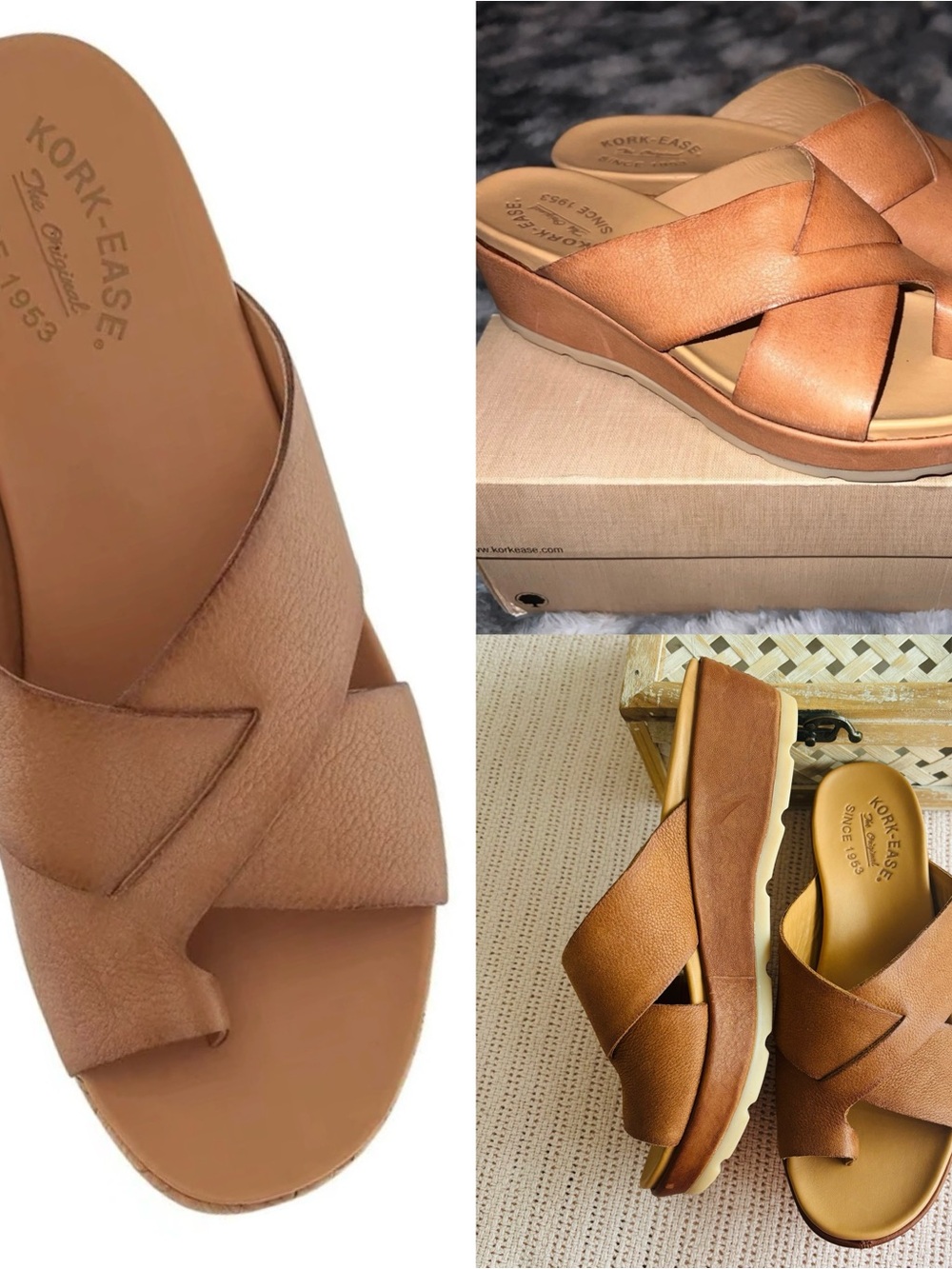 Kork-Ease Tan Leather Crisscross Wedge Mules